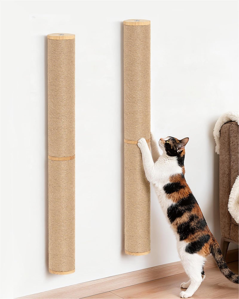 Aechonow 68" Wall Mounted Cat Scratcher, 2-Pcs of 34inch Tall Sisal Scratching Posts, Wall Mounted Cat Pole for Indoor Large Adult Cats Climb Stretch Play, Wooden - Image 1