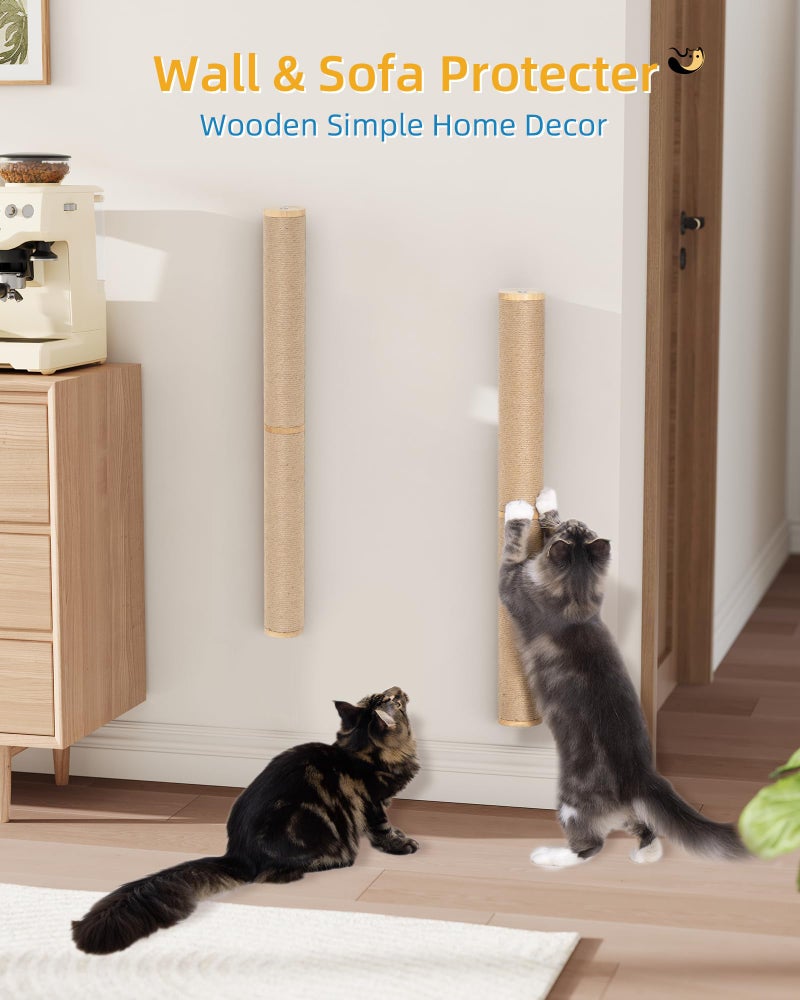 Aechonow 68" Wall Mounted Cat Scratcher, 2-Pcs of 34inch Tall Sisal Scratching Posts, Wall Mounted Cat Pole for Indoor Large Adult Cats Climb Stretch Play, Wooden - Image 2