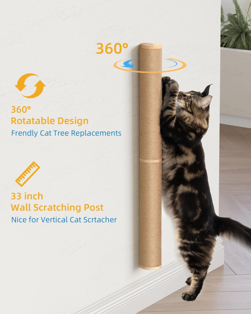Aechonow 68" Wall Mounted Cat Scratcher, 2-Pcs of 34inch Tall Sisal Scratching Posts, Wall Mounted Cat Pole for Indoor Large Adult Cats Climb Stretch Play, Wooden - Image 3