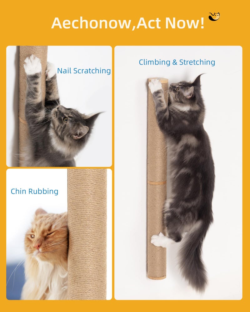 Aechonow 68" Wall Mounted Cat Scratcher, 2-Pcs of 34inch Tall Sisal Scratching Posts, Wall Mounted Cat Pole for Indoor Large Adult Cats Climb Stretch Play, Wooden - Image 5