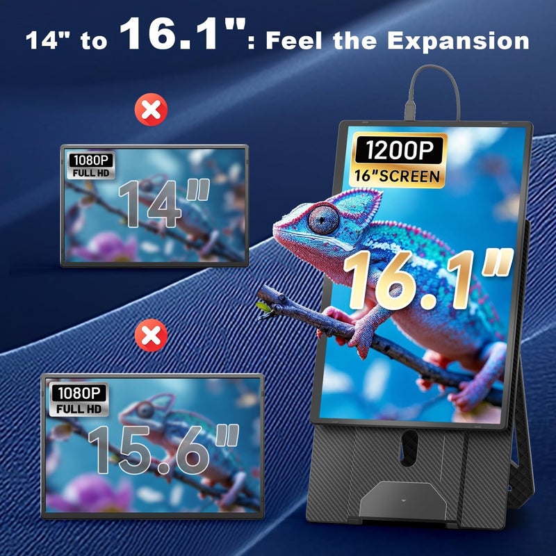 TeamGee 16.1" Laptop Screen Extender, FHD 1200P IPS Portable Monitor with Height-Adjustable 360° Magnetic Stand, Ultra-Thin Dual Display for Mac/Windows/Chrome (13-17.3" Laptops), VESA Mountable - Image 3