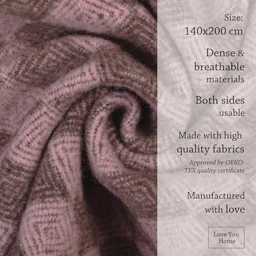 LYHome Wool Blanket 100% - Warm and Cozy Throw for Home Travel Outdoor Camping Picnic & Cold Weather, Decorative Blankets Couch Bed, Warmest Throws (55x79 in | Soft Pink - Brown Scandinavian Rhombus) - Image 4