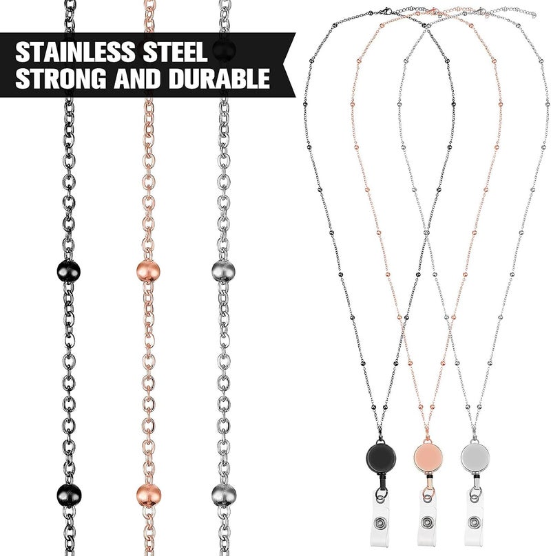 KASTWAVE Retractable Badge Reel Lanyard With Id Holder, 3 Pcs Beaded Lanyards Stainless Steel Id Badge Necklace Set, Waterproof Name Badge Holder Clip For Office Women Men (Rose Gold, Black, Silver) - Image 3