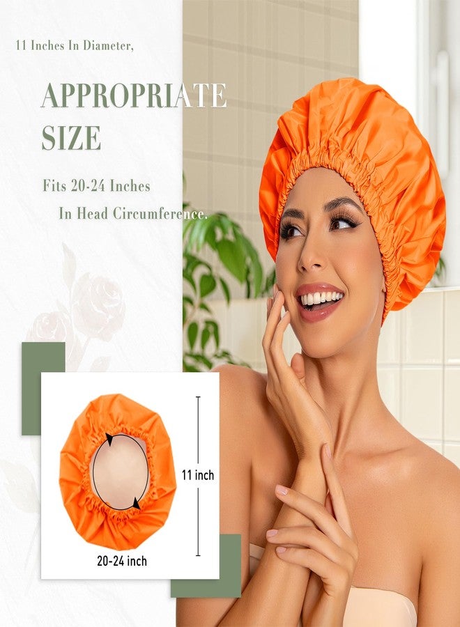 Edoneery Reusable Shower Cap for Women, Large Waterproof Shower Bonnet with Elastic Band, Washable Bath Hair Cap for Long, Curly Hair, Braids, Daily Shower, Home Spa, Travel(Orange - Image 3