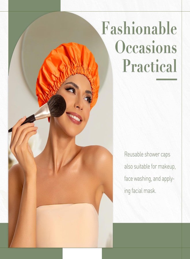 Edoneery Reusable Shower Cap for Women, Large Waterproof Shower Bonnet with Elastic Band, Washable Bath Hair Cap for Long, Curly Hair, Braids, Daily Shower, Home Spa, Travel(Orange - Image 2