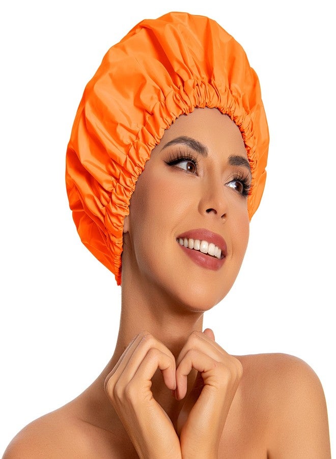 Edoneery Reusable Shower Cap for Women, Large Waterproof Shower Bonnet with Elastic Band, Washable Bath Hair Cap for Long, Curly Hair, Braids, Daily Shower, Home Spa, Travel(Orange - Image 1