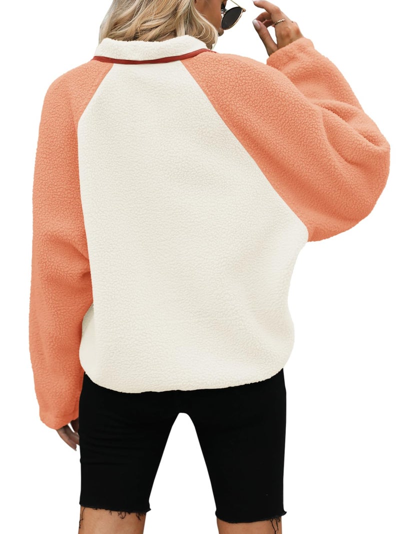 Yanekop Fleece Jacket Women Button Down Sherpa Jacket Christmas Sweaters Fuzzy Outerwear Cropped Jacket with Pockets(B Orange Navy Blue,M) - Image 4