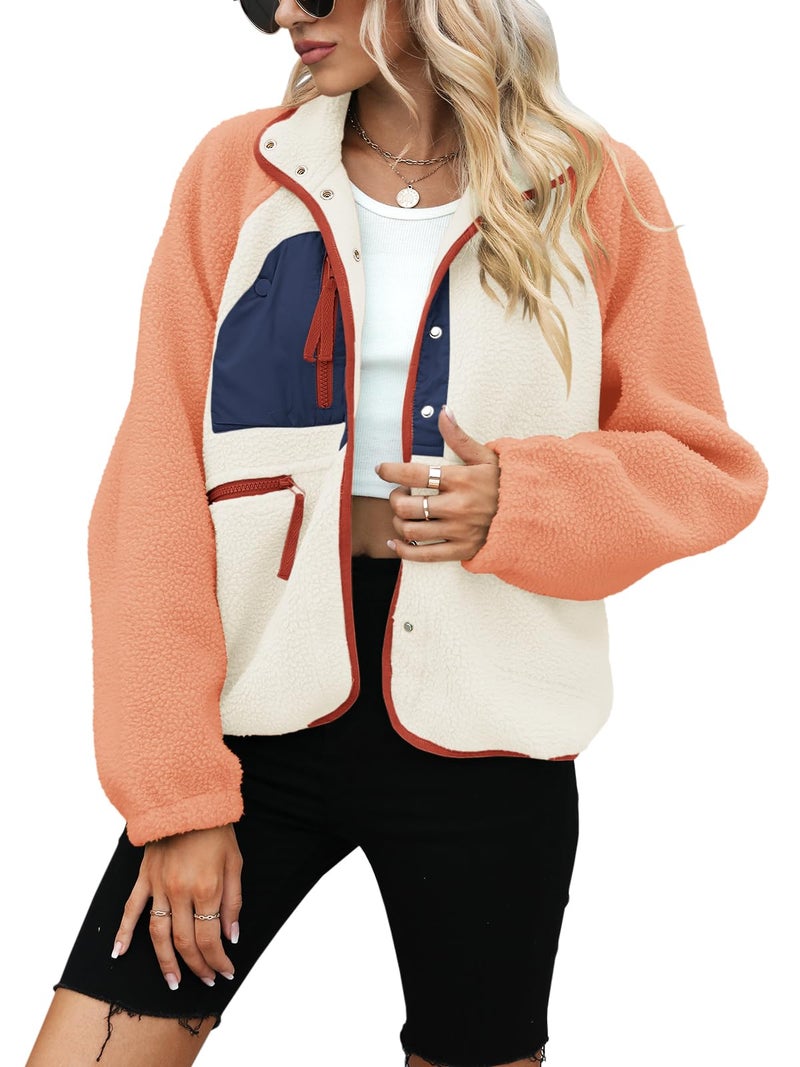 Yanekop Fleece Jacket Women Button Down Sherpa Jacket Christmas Sweaters Fuzzy Outerwear Cropped Jacket with Pockets(B Orange Navy Blue,M) - Image 2