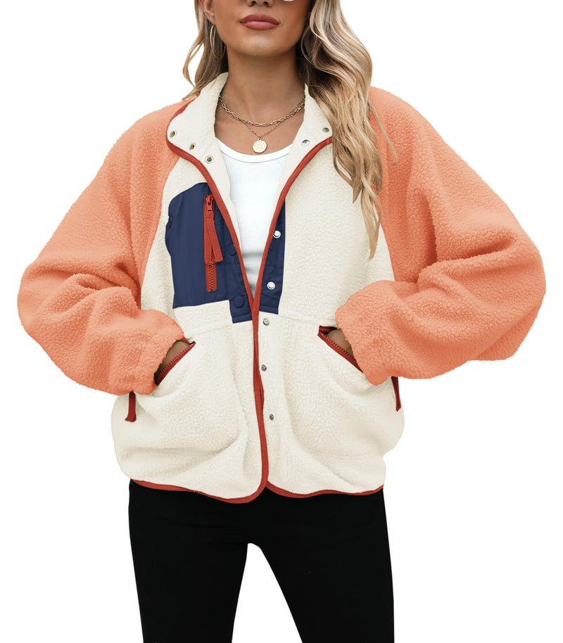 Yanekop Fleece Jacket Women Button Down Sherpa Jacket Christmas Sweaters Fuzzy Outerwear Cropped Jacket with Pockets(B Orange Navy Blue,M) - Image 3