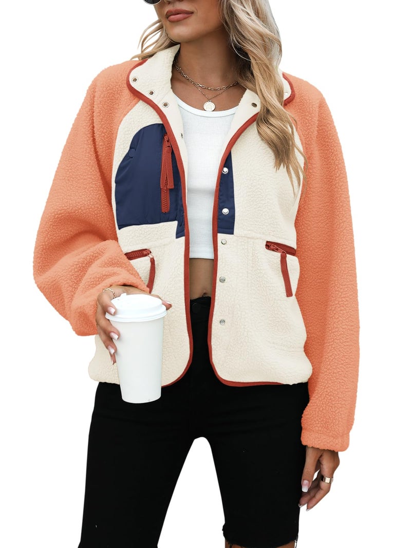 Yanekop Fleece Jacket Women Button Down Sherpa Jacket Christmas Sweaters Fuzzy Outerwear Cropped Jacket with Pockets(B Orange Navy Blue,M) - Image 1
