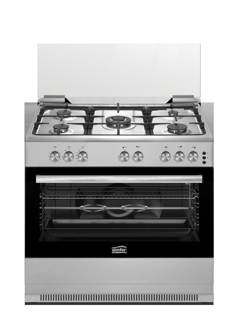Gas Cooker 90x60 cm | 102L Oven Capacity | 5 Burner with Triple Wok | Turbo Fan Rotisserie Grill | Analog Timer Auto Ignition FFD | Stainless Steel | Model SMF9065GCM-N