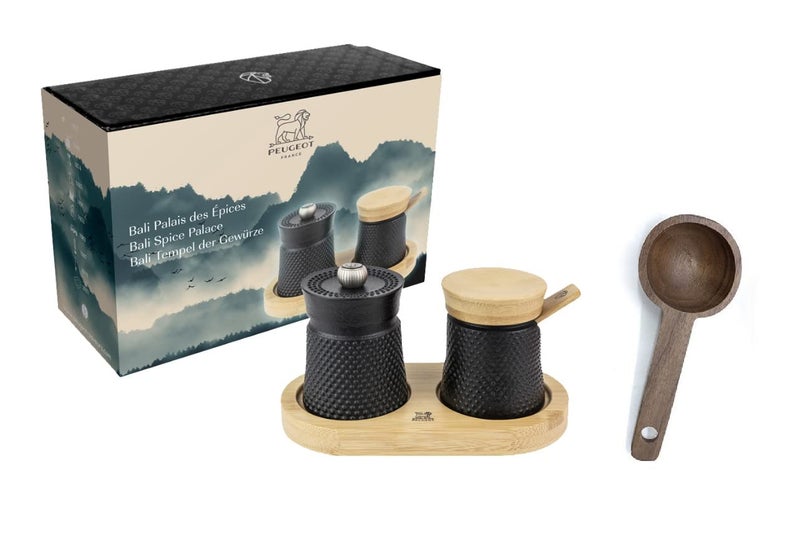 PEUGEOT Peugeot Bali Black CastIron Pepper Mill  Salt Cellar With Wooden Tray Gift Boxed With Wooden Spice Scoop 