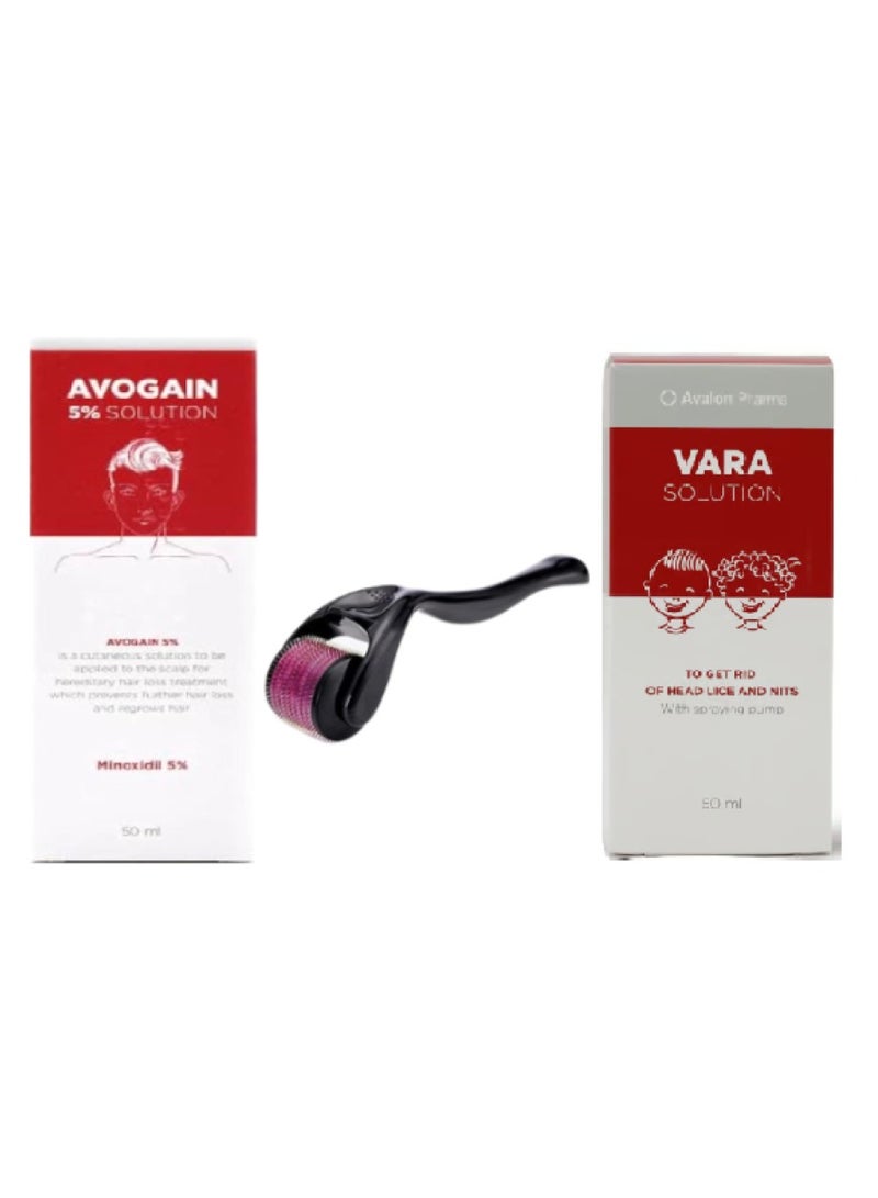 Avalon Avogain 5% Minoxidil With vara Solution 50ml for Hair Treatment Roller Clear .050mm