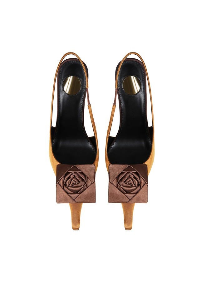 CAGLGLZ Flower High Heels for Women Closed Pointed Toe Stilettos Heel Pumps Slip On Elastic Ankle Strap Slingbacks Fashion Party Dressy Ladies Sandals Shoes, Brown, 11 - Image 3