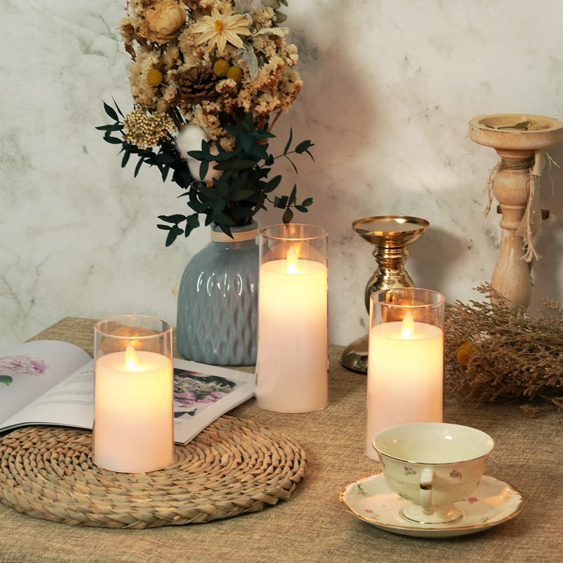 LTETTES Flameless LED Candles AA Battery Powered with White Acrylic Fiber Glass with Remote Controller and Timer for Home Festival Wedding Decor (Set of 3-3" D x 4",5",6" H) - Image 3