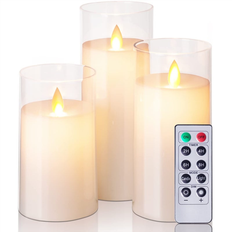 LTETTES Flameless LED Candles AA Battery Powered with White Acrylic Fiber Glass with Remote Controller and Timer for Home Festival Wedding Decor (Set of 3-3" D x 4",5",6" H) - Image 1