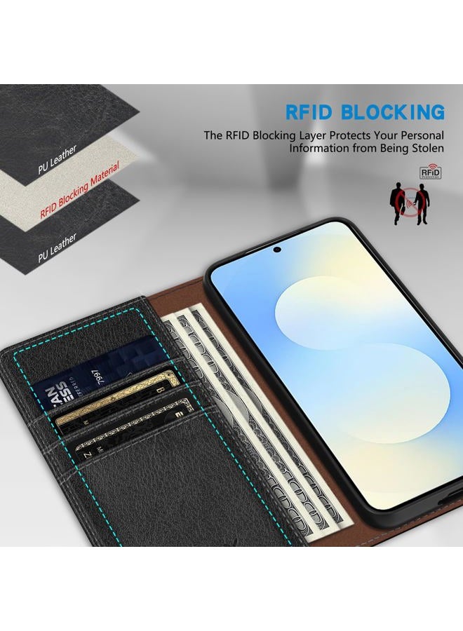 ZZXX for Samsung Galaxy S25 FE Wallet Case with [RFID Blocking] Card Slot Stand Strong Magnetic Leather Flip Fold Protective Phone Case for Samsung Galaxy S25 FE Case Wallet(Black-6.7 inch) - Image 2