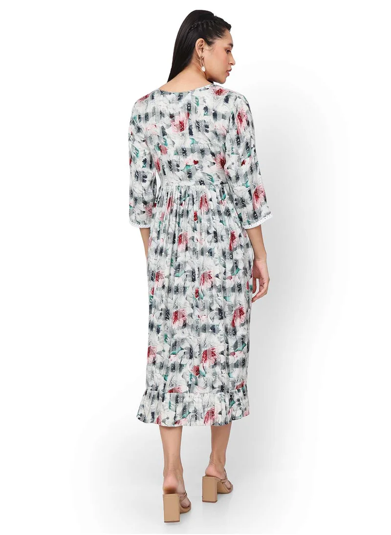 HANA & SARA MULTICOLOUR FLORAL PRINTED FRONT LACE STYLED ARABIC KAFTAN JALABIYA DRESS