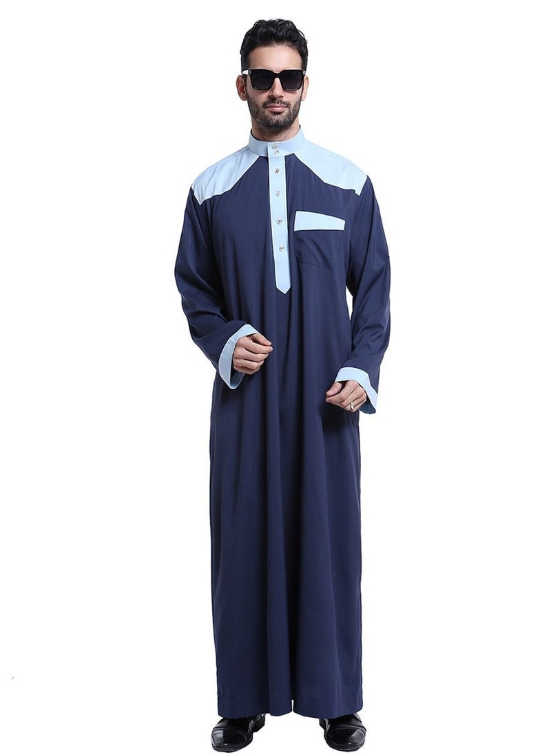 Loquat - Men's Stand Collar Long Sleeve Casual Kandora Islamic Arabic Kaftan Thobe Navy Blue - Image 1