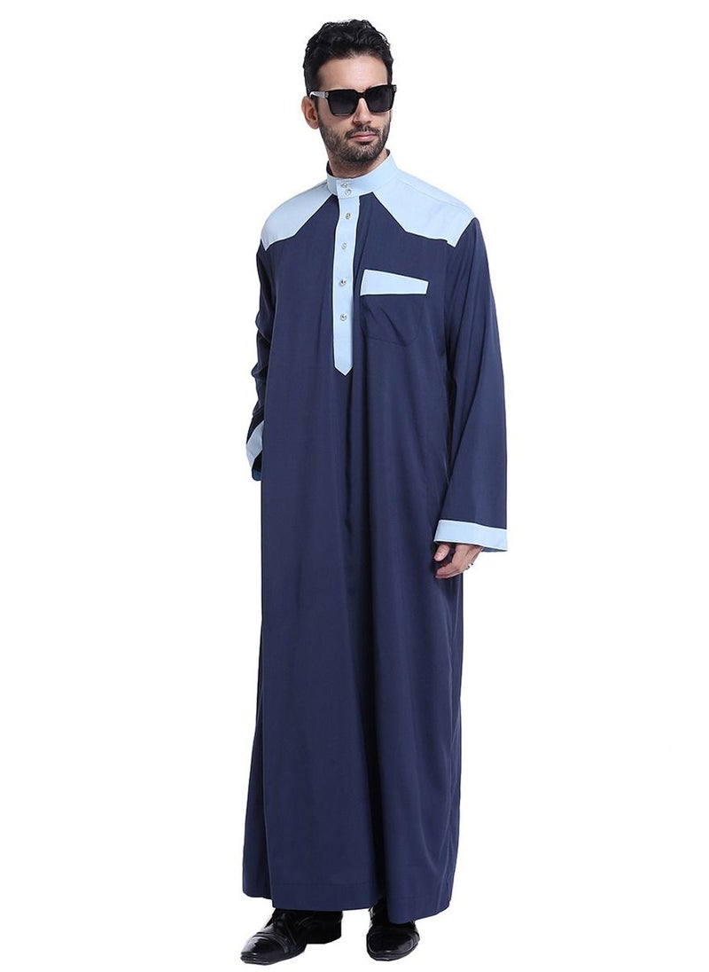 Loquat - Men's Stand Collar Long Sleeve Casual Kandora Islamic Arabic Kaftan Thobe Navy Blue - Image 1
