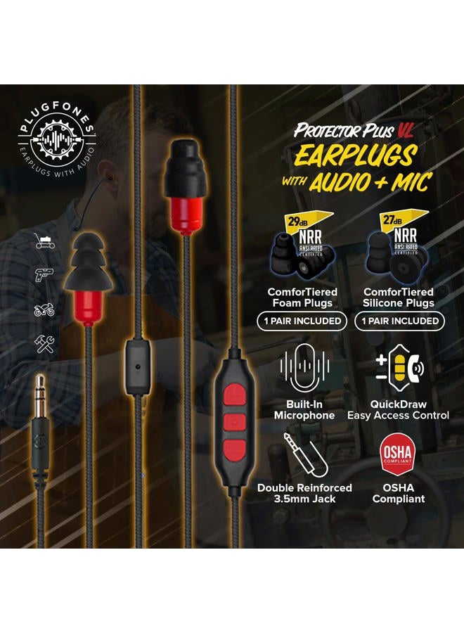 Plugfones Protector Plus VL in-Ear Earplug Earbuds, Noise Reduction Headphones with Noise Isolating Mic and Controls, Black & Red - Image 2