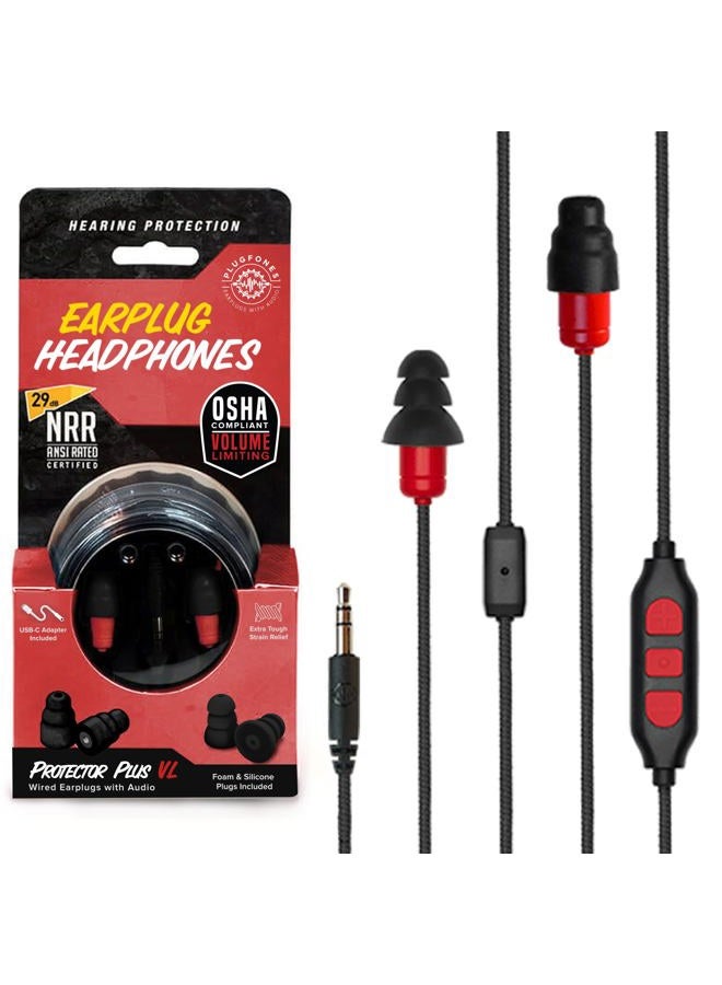 Plugfones Protector Plus VL in-Ear Earplug Earbuds, Noise Reduction Headphones with Noise Isolating Mic and Controls, Black & Red - Image 1