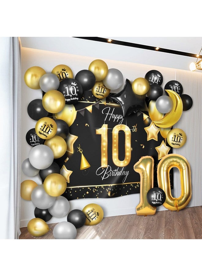 LINGPAR Happy 10th Birthday Balloons Gold Set Decor - Cheers to 10 Years Old Party Theme Garland Star Moon Banner Backdrop Decorations For Kids Supplies - Image 1