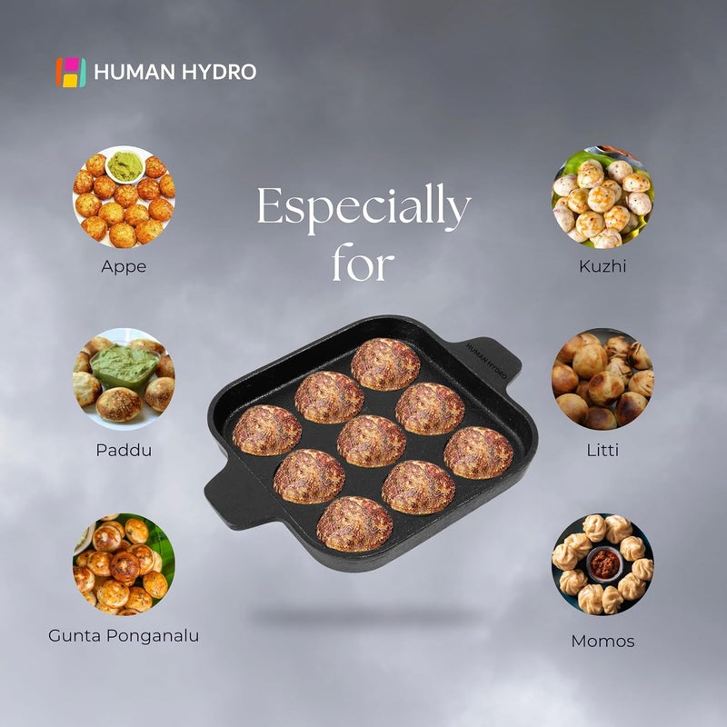 Human Hydro مقلاة بانيارام من الحديد الزهر مسبقة التتبيل 20 سم / 8 بوصة (9 فتحات) مفضلة لبادو، غونتا بونغانالو، أبا باترا، كوزي، بانيراكال بان لابي ولتي، غير لاصقة 100% نقية وخالية من السموم - Image 4