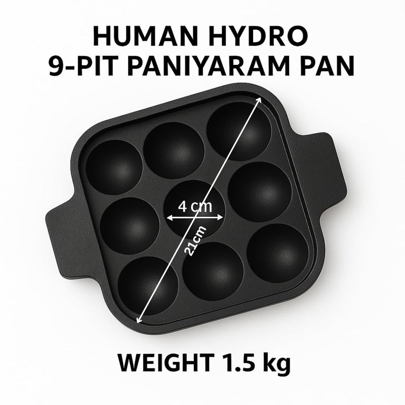 Human Hydro مقلاة بانيارام من الحديد الزهر مسبقة التتبيل 20 سم / 8 بوصة (9 فتحات) مفضلة لبادو، غونتا بونغانالو، أبا باترا، كوزي، بانيراكال بان لابي ولتي، غير لاصقة 100% نقية وخالية من السموم - Image 2