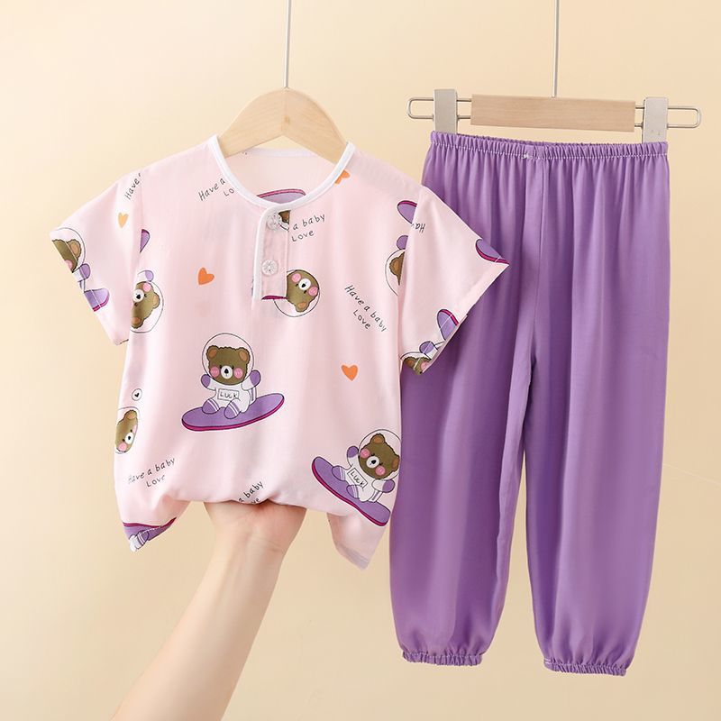 Summer Thin Short-Sleeved Suit Kidsren'S Cotton Silk Air-Conditioned Home Clothes Girls' Pajamas Cotton Silk Boys And Girls Baby - Image 5