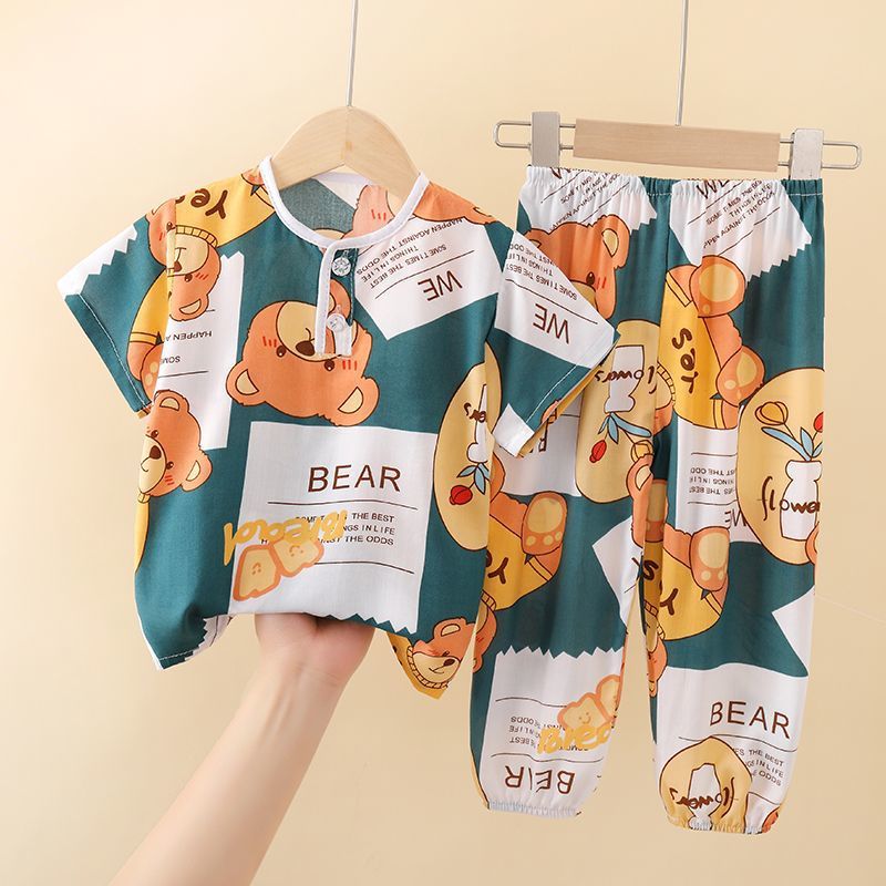 Summer Thin Short-Sleeved Suit Kidsren'S Cotton Silk Air-Conditioned Home Clothes Girls' Pajamas Cotton Silk Boys And Girls Baby - Image 1