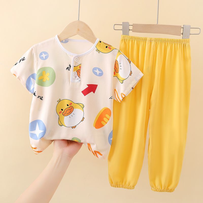 Summer Thin Short-Sleeved Suit Kidsren'S Cotton Silk Air-Conditioned Home Clothes Girls' Pajamas Cotton Silk Boys And Girls Baby - Image 2