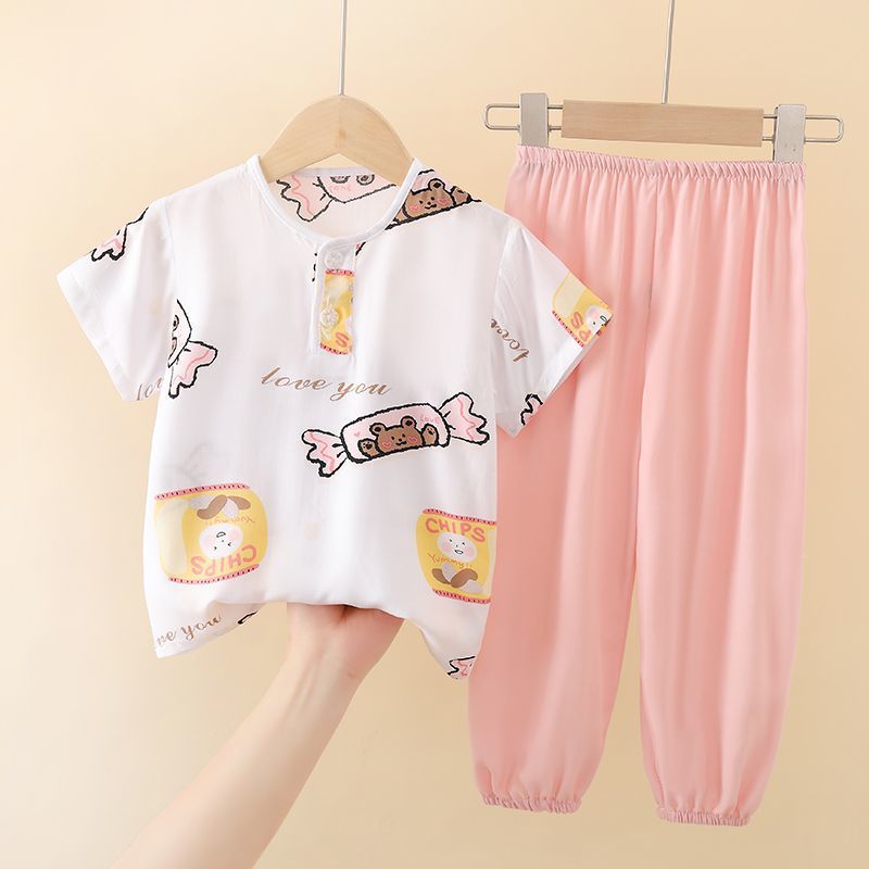 Summer Thin Short-Sleeved Suit Kidsren'S Cotton Silk Air-Conditioned Home Clothes Girls' Pajamas Cotton Silk Boys And Girls Baby - Image 4