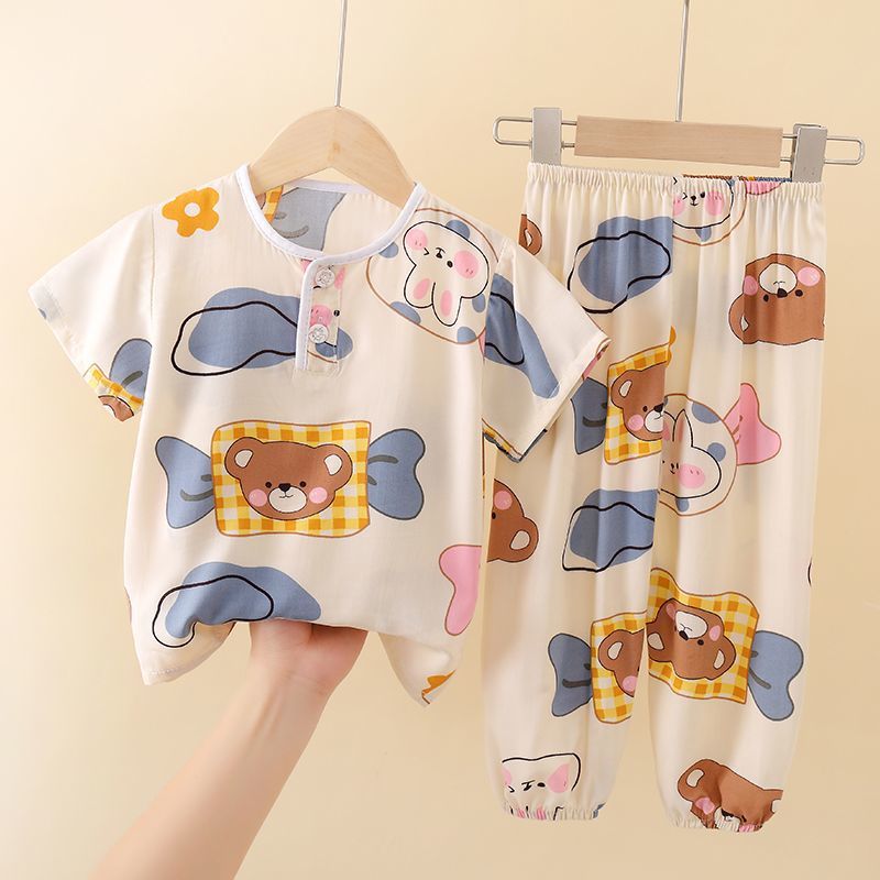 Summer Thin Short-Sleeved Suit Kidsren'S Cotton Silk Air-Conditioned Home Clothes Girls' Pajamas Cotton Silk Boys And Girls Baby - Image 3
