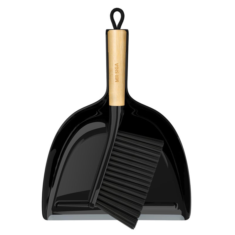 MRSIGA Dustpan and Brush Set Portable Cleaning Brush and Dustpan Combo with Bamboo Handle Black 1 Set