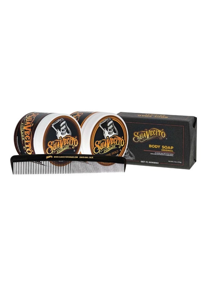 SUAVECITO Men'S Hair Grooming Set Og & Firme (Strong) Hold Pomade Body Soap Large Deluxe Comb & Black Canvas Bag - Image 3