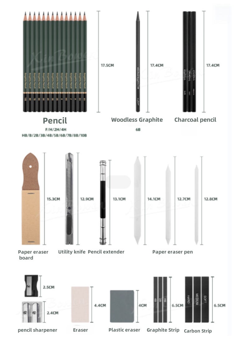 مجموعة أقلام رسم مكونة من 35 قطعة، مجموعة رسم محمولة مع صندوق تخزين، أعواد جرافيت، قلم فحم، سكين حرفي، مناسبة للرسم التفصيلي والتظليل - Image 2