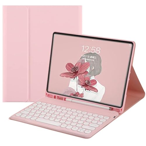 AnMengXinLing Galaxy Tab S10 Plus/S9 Plus/S9 FE Plus/S8 Plus/S7 Plus/S7 FE 12.4inch Tablet Case with Keyboard, Round Key Cute Candy Detachable Wireless Keyboard Case with S Pen Holder, Pink - Image 1