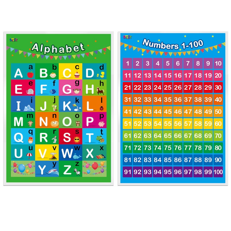 SpriteGru Alphabet, Numbers 1-100,2 LAMINATED Educational Posters for Toddlers 16x12inch - Image 1