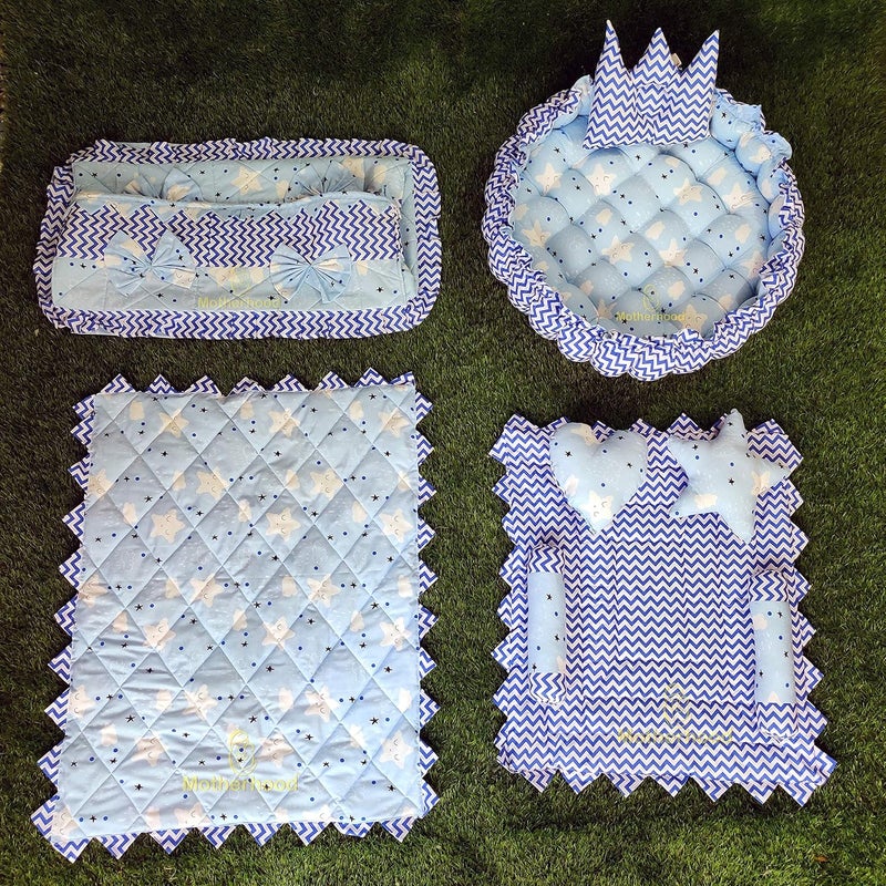 MOTHERHOOD MOTHERHOOD 1 Round Baby Tub Bed with 1 Baby Cradle Hammock 1 Large Baby Blanket 1 Baby Mattress and 5 pc Baby Pillow Luxury Baby Mattress Bed Sleeper Bedding Set coSleeper for Baby Sky - Image 1