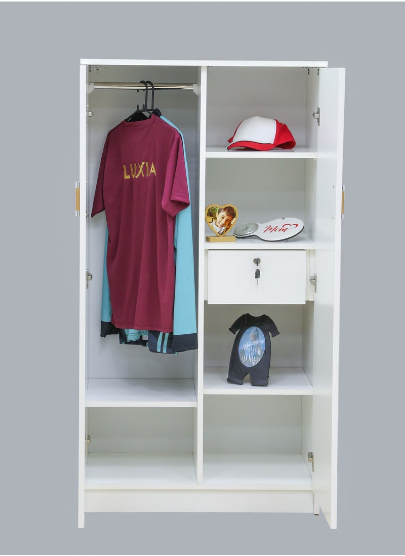 AFT - Elegant MDF Kids Wardrobe with 2 Door Design - Double Door Design – Spacious Shelving, Hanging Rod, and Lockable Drawer for Organized Storage. 150 cm x 80 cm x 40 cm Compact Design. White  (Arfan) - Image 1