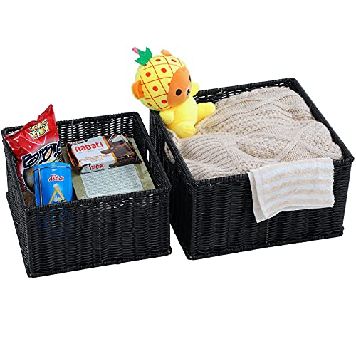 HOONEX Wicker Storage Baskets for Organizing, Decorative Woven Baskets for Storage with Carrying Handles, Set of 2, Black - Image 2