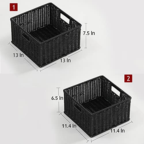 HOONEX Wicker Storage Baskets for Organizing, Decorative Woven Baskets for Storage with Carrying Handles, Set of 2, Black - Image 4