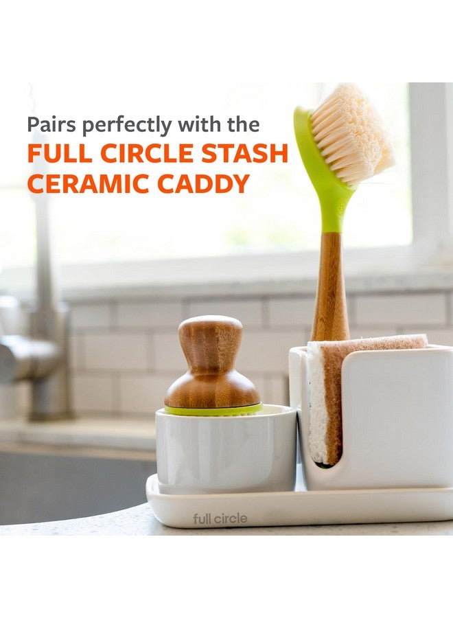 فل سيركل موزع صابون سيراميك دائري كامل مع فرشاة أطباق من الخيزران، أخضر/أبيض - Image 2