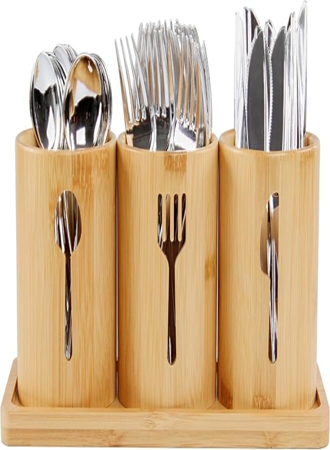 7Penn Standing Utensil Organizer Caddy - 3 Cup Bamboo Countertop Utensil Holder for Party Camping and Kitchen