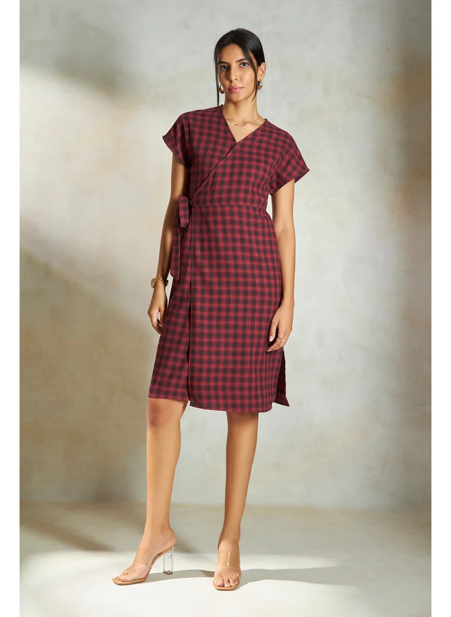 Virgio Virgio Checked V-Neck Extended Sleeves Cotton Wrap Midi Dress