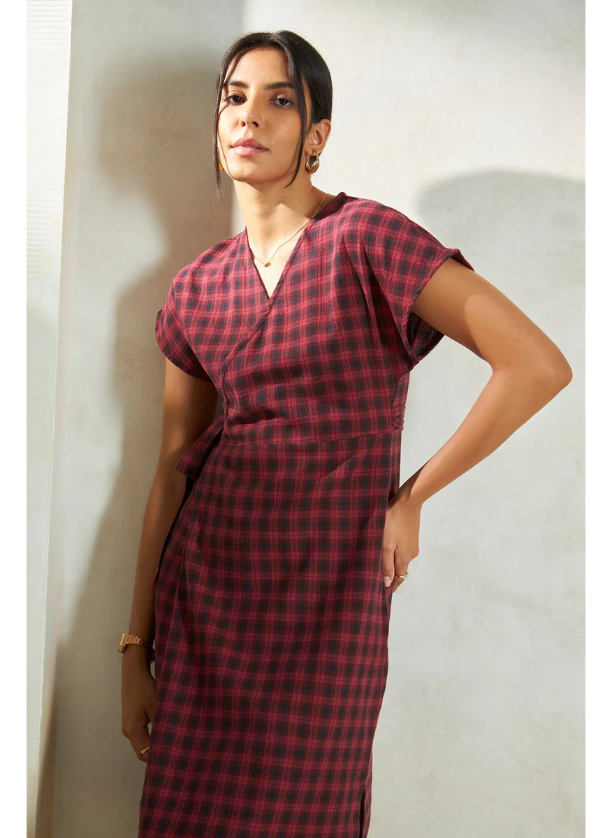 Virgio Virgio Checked V-Neck Extended Sleeves Cotton Wrap Midi Dress