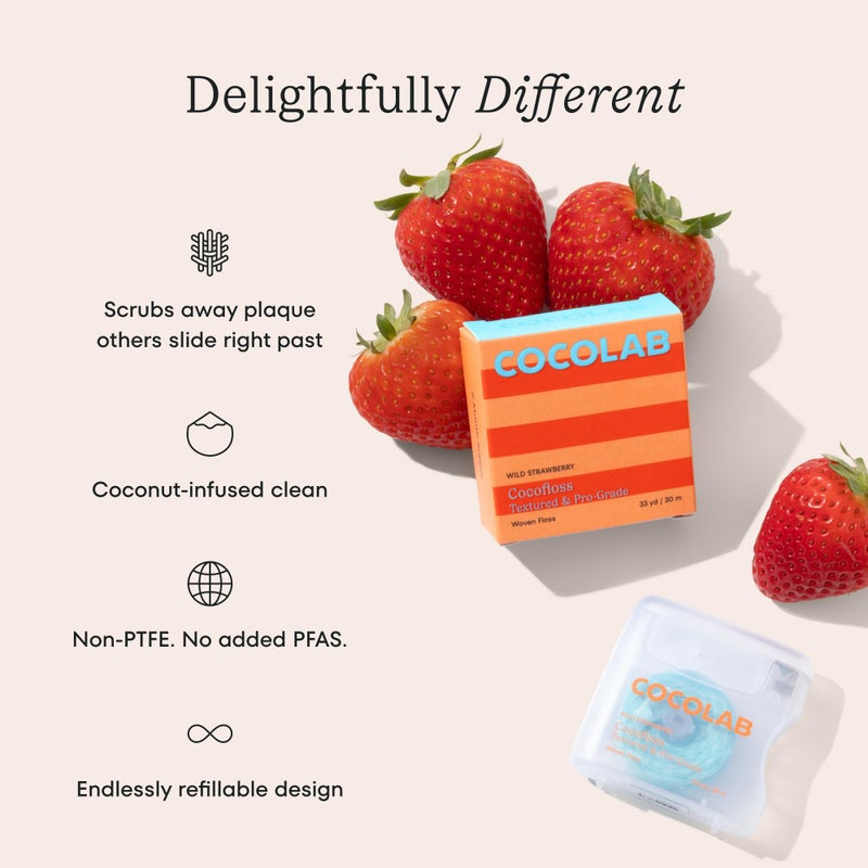 Cocolab Cocofloss Woven Dental Floss, Dentist-Designed Oral Care, Strawberry Scent, Waxed, Expanding, Kid-Friendly String Floss with Coconut Oil, 4 Spools (33 yd Each) - Image 2
