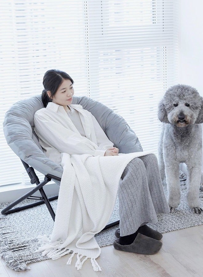 fashionhome Set of 2 Modern Design Portable Comfortable Fabric Round Folding Chair Cozy Chair with Black Iron Frame and Rectangular Footrest Stool for Bedroom Living Room Garden Patio 94x67x82 and 38x38x40 cm(Fully Assembled) - Image 3