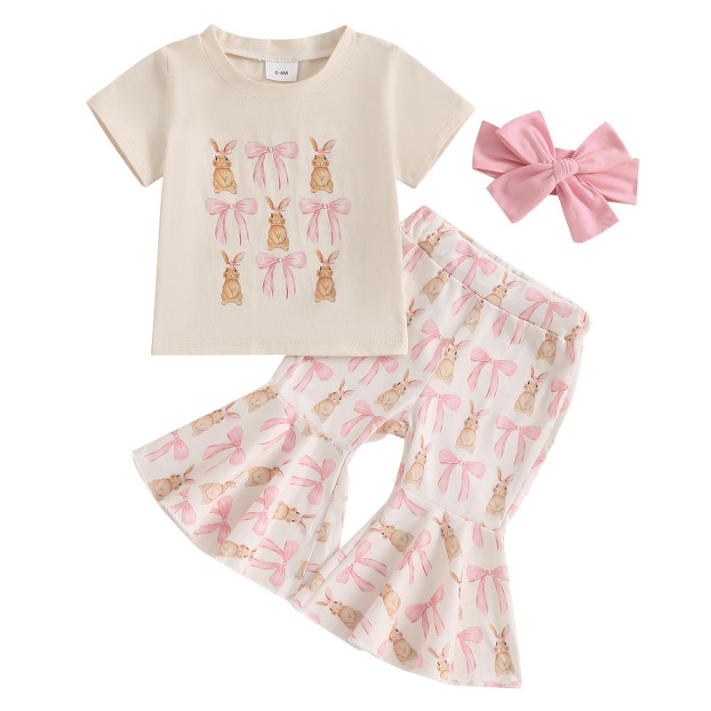 YINGISFITM Toddler Baby Girl Easter Outfit Short Sleeve Bunny Shirt Top Bell Bottoms Pants Kids Easter Clothes Summer Pink bunny 1218 Months - Image 2